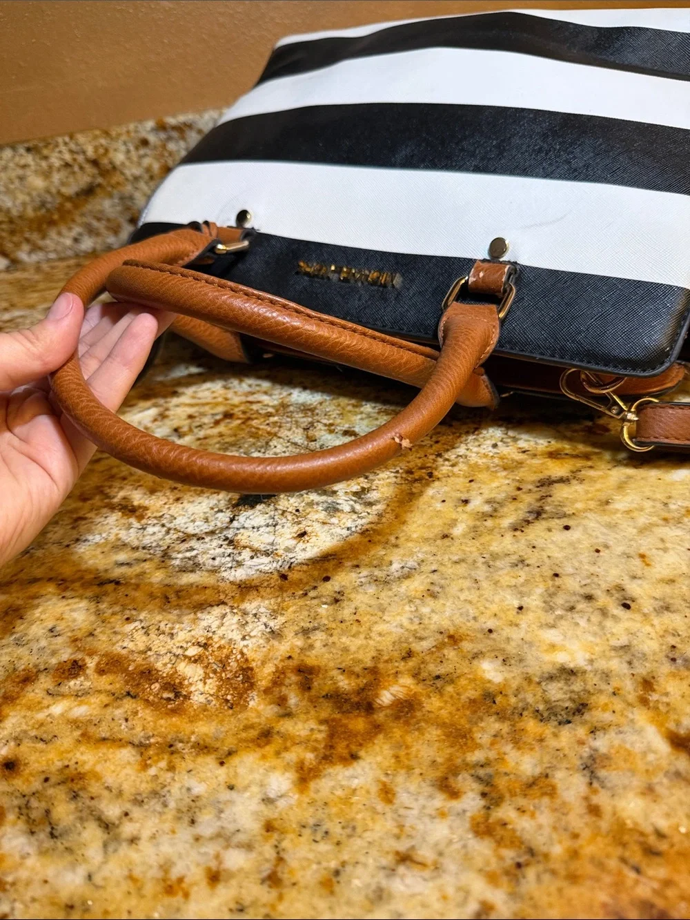 Michael Kors Black & White Striped Satchel with Brown Trim